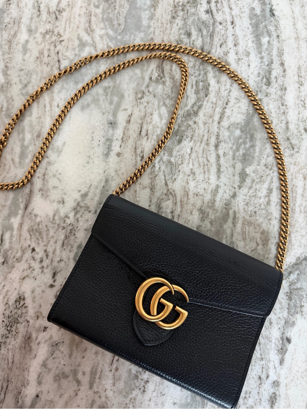 Gucci Black Leather GG Small Crossbody with Gold Chain - Picture 1 of 4
